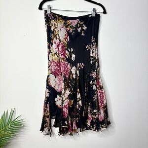 Y2K Vintage ICE Silk Floral Midi Flutter Skirt Handkerchief Ruffle Black